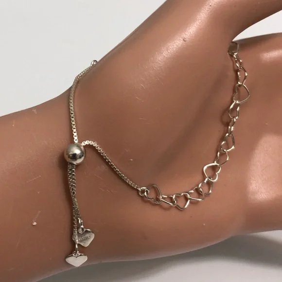 By KA 1772 Sterling Silver Open Hearts Chain Adjust. Bolo Slide 925 Bracelet - Picture 1 of 9